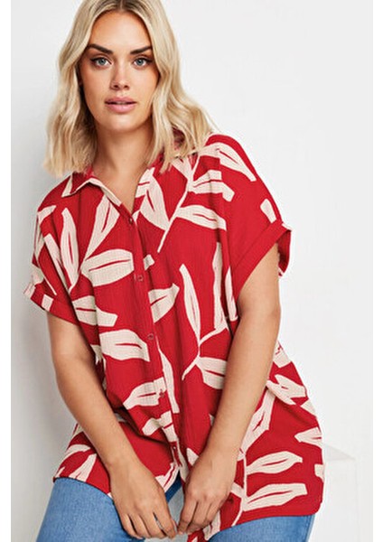 Kadın Büyük Beden Kısa Kollu Desenli Düğmeli Gömlek 321827 Kırmızı Renkli Şık Tasarım fırsatları