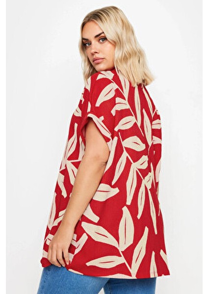 Kadın Büyük Beden Kısa Kollu Desenli Düğmeli Gömlek 321827 Kırmızı Renkli Şık Tasarım indirimleri