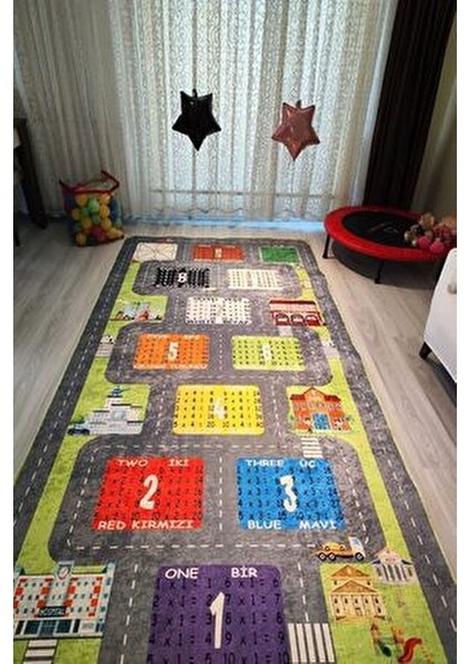 Seksek Trafik Araba Yollu Çarpım Tablolu Çocuk Halısı Seksekli Çocuk Halısı Eğitici Yıkanabilir