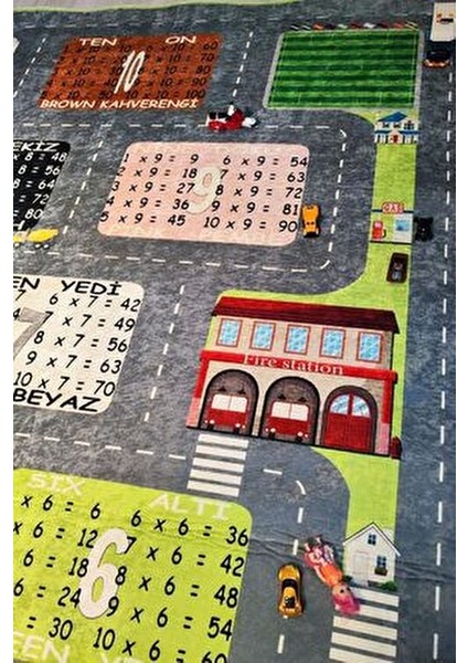 Seksek Trafik Araba Yollu Çarpım Tablolu Çocuk Halısı Seksekli Çocuk Halısı Eğitici Yıkanabilir