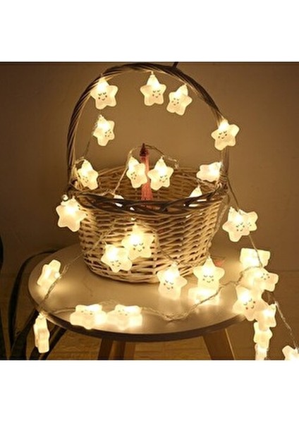 Pilli Gülen Yüz Yıldız LED Işık Dekoratif 3 Metre Ip Yıldız LED Zinciri Yılbaşı Süs Aydınlatma