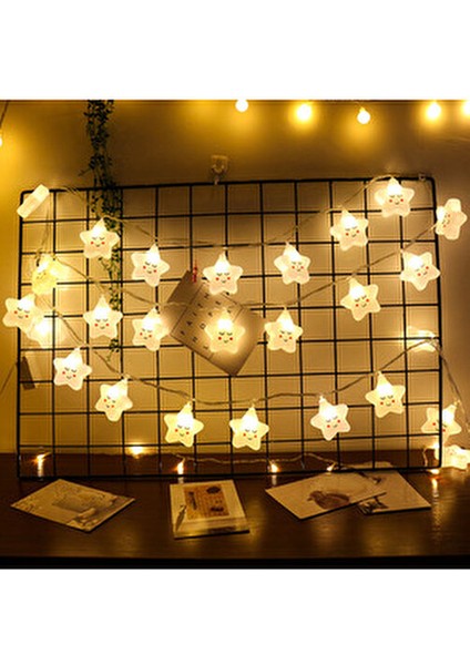 Pilli Gülen Yüz Yıldız LED Işık Dekoratif 3 Metre Ip Yıldız LED Zinciri Yılbaşı Süs Aydınlatma