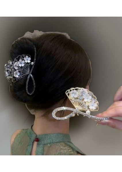 Çiçek Figürlü Zirkon Taşlı Yelpaze Model Metal 11,5 cm Mandal Toka