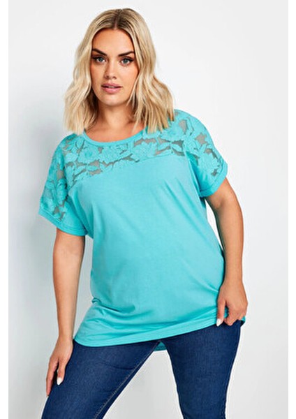 Büyük Beden Bisiklet Yaka Tül Detaylı Kısa Kollu T-Shirt 321836