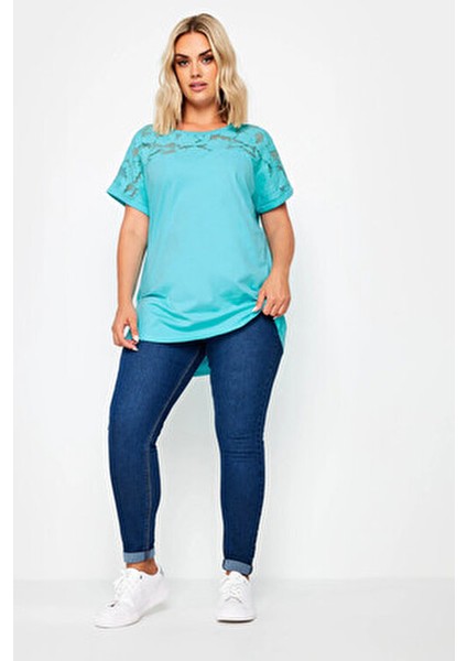 Büyük Beden Bisiklet Yaka Tül Detaylı Kısa Kollu T-Shirt 321836 fiyatları