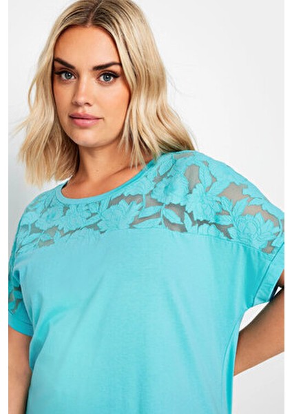 Büyük Beden Bisiklet Yaka Tül Detaylı Kısa Kollu T-Shirt 321836 fırsatları