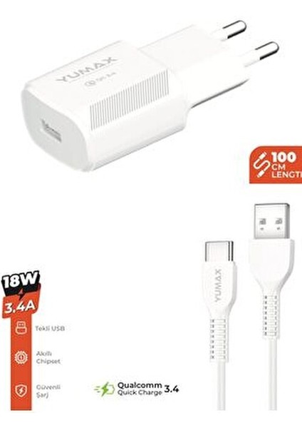 18W Type-C Hızlı Şarj Adaptörü + 100CM Type-C Kablo | 3.4A Quick Charge Telefon & Tablet Uyumlu