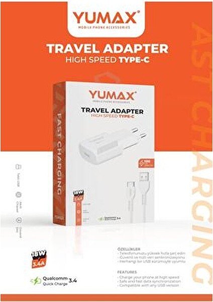 18W Type-C Hızlı Şarj Adaptörü + 100CM Type-C Kablo | 3.4A Quick Charge Telefon & Tablet Uyumlu modelleri