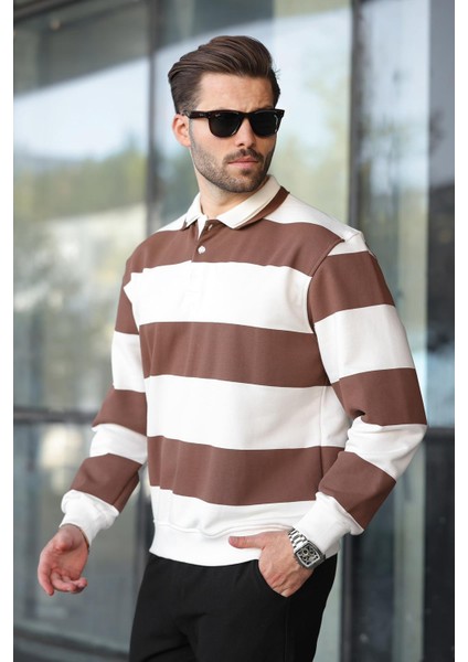 Kahverengi Çizgili Polo Yaka Erkek Kazak E7173