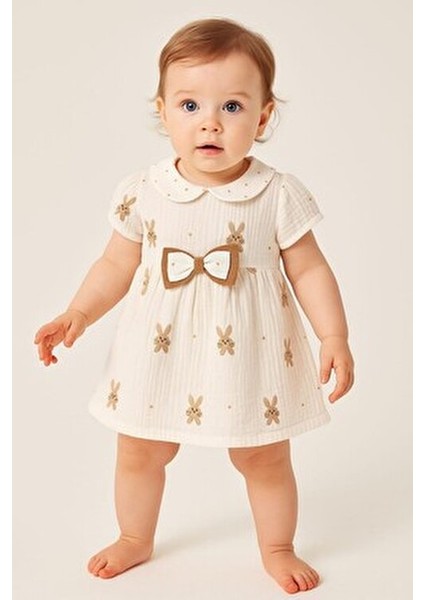 Kız Bebek/çocuk Müslin Kumaş Tavşanlı Büzgü Kol Yazlık Elbise Organik