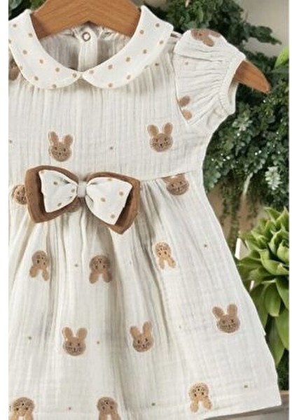 Kız Bebek/çocuk Müslin Kumaş Tavşanlı Büzgü Kol Yazlık Elbise Organik