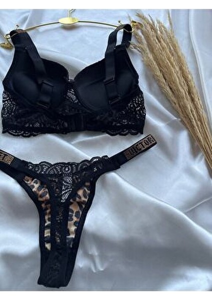 Dantelli Lastiği Taşlı Balenli Destekli Dolgulu Push Up Leopar Sütyen Ve String Iç Çamaşırı Takımı modelleri