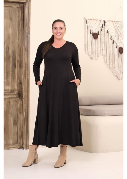 Büyük Beden Siyah V Yaka Tam Boy Elbise – Viskon Likralı Rahat Şıklık