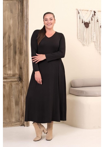 Büyük Beden Siyah V Yaka Tam Boy Elbise – Viskon Likralı Rahat Şıklık fiyatları