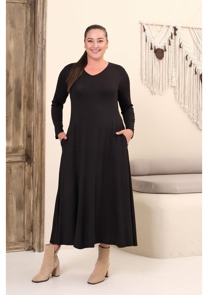 Büyük Beden Siyah V Yaka Tam Boy Elbise – Viskon Likralı Rahat Şıklık modelleri