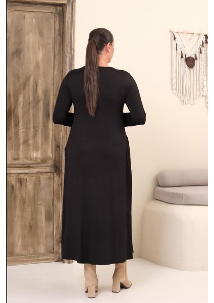 Büyük Beden Siyah V Yaka Tam Boy Elbise – Viskon Likralı Rahat Şıklık fırsatları