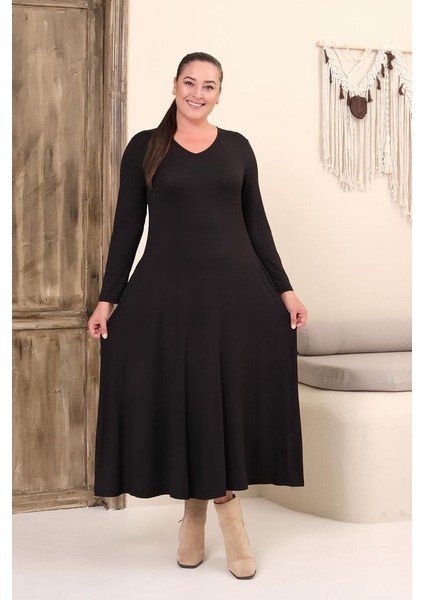 Büyük Beden Siyah V Yaka Tam Boy Elbise – Viskon Likralı Rahat Şıklık indirimleri