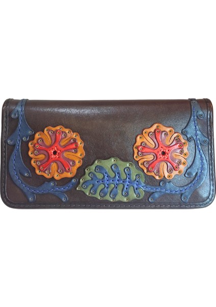 %100 Deri El Yapımı Yatay Telefon Bölmeli Fermuarlı ve Çıt Çıtlı Kadın Cüzdan (Liva)