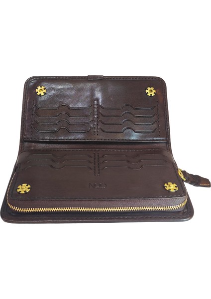 %100 Deri El Yapımı Yatay Telefon Bölmeli Fermuarlı ve Çıt Çıtlı Kadın Cüzdan (Liva)