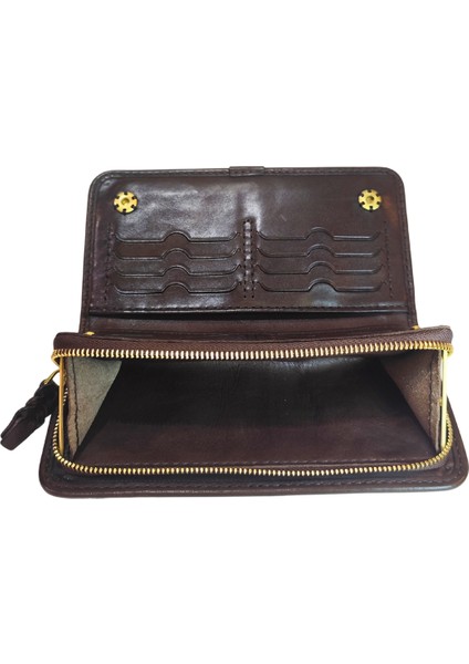 %100 Deri El Yapımı Yatay Telefon Bölmeli Fermuarlı ve Çıt Çıtlı Kadın Cüzdan (Liva)