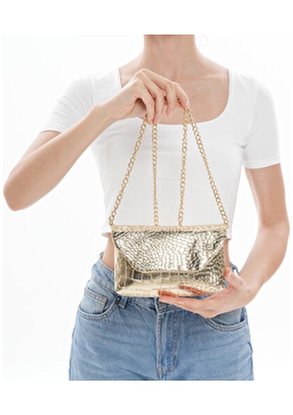 Parlak Kroko Desenli Zincir Askılı El ve Omuz Abiye Çanta