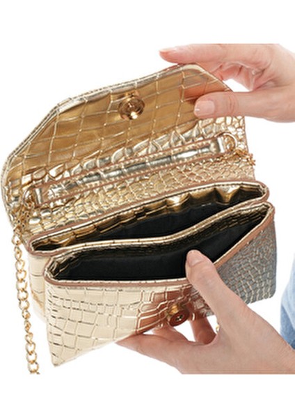 Parlak Kroko Desenli Zincir Askılı El ve Omuz Abiye Çanta modelleri