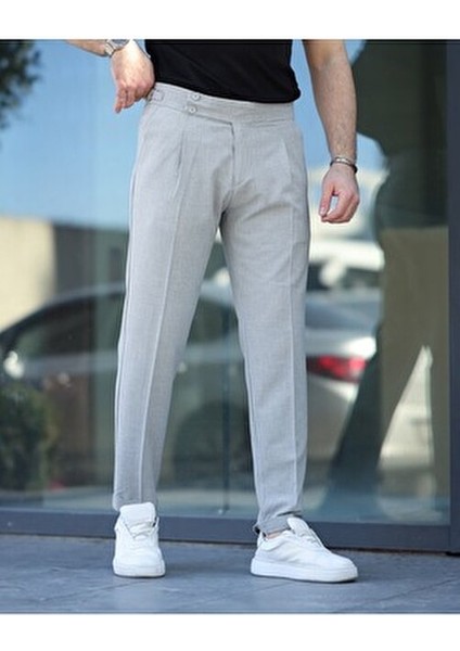 Old Money Slim Fit Pileli Likralı Kumaş Pantolon Erkek Gri Pamuk-Elastan indirimleri