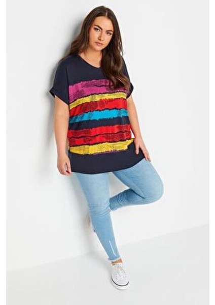 Kadın Büyük Beden V Yaka Kısa Kollu Çizgili T-Shirt Viskon Mor Günlük Tarz modelleri