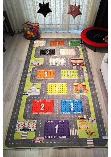 Seksek Trafik Araba Yollu Çarpım Tablolu Çocuk Halısı Seksekli Çocuk Halısı Eğitici Yıkanabilir