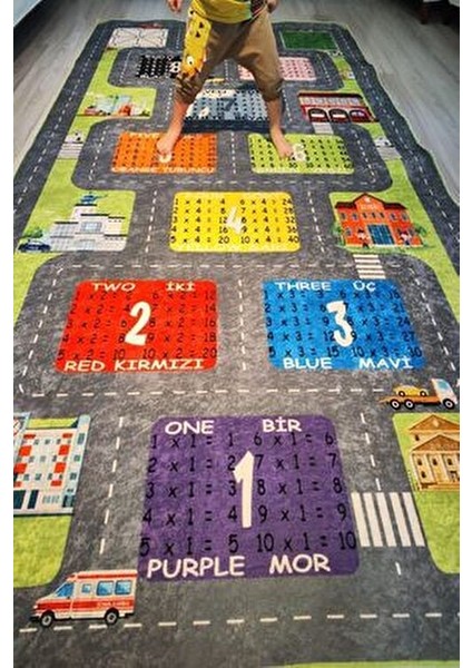 Seksek Trafik Araba Yollu Çarpım Tablolu Çocuk Halısı Seksekli Çocuk Halısı Eğitici Yıkanabilir modelleri