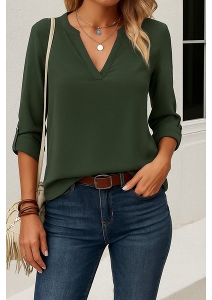 Kadın Uzun Kollu V Yakalı Ithal Krep Bluz