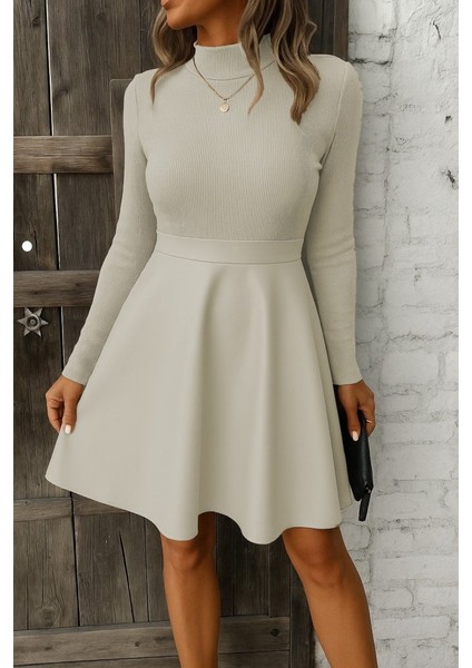 Aknbutik Kadın Uzun Kollu Balıkçı Yaka Üst Kaşkorse Alt Deri Detaylı Mini Elbise modelleri