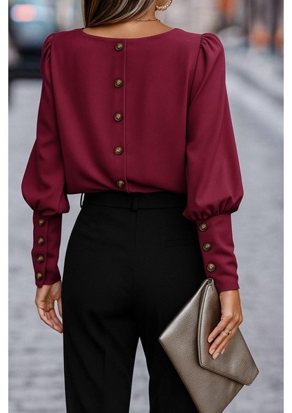 Kadın Uzun Kollu Yuvarlak Yakalı Düğmeli Ithal Krep Bluz