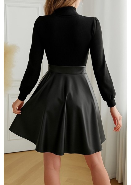 Miracotton Kadın Uzun Kollu Balıkçı Yaka Üst Kaşkorse Alt Deri Detaylı Mini Elbise modelleri