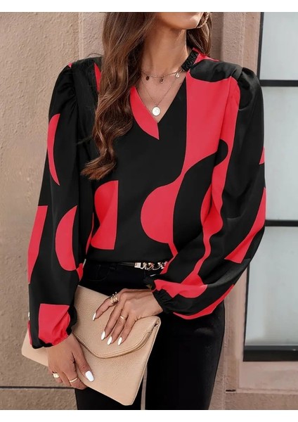 Kadın Uzun Kollu V Yakalı Desenli Modal Bluz