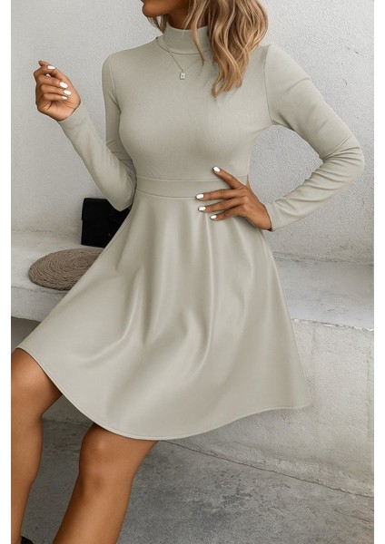 Kadın Uzun Kollu Balıkçı Yaka Üst Kaşkorse Alt Deri Detaylı Mini Elbise