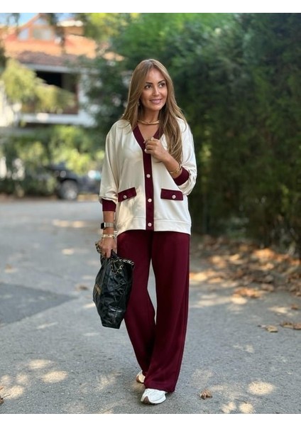 Kadın Uzun Kollu Ribanali Cep Detay Hırka ve Bol Paça Pantolon Ikili Takım