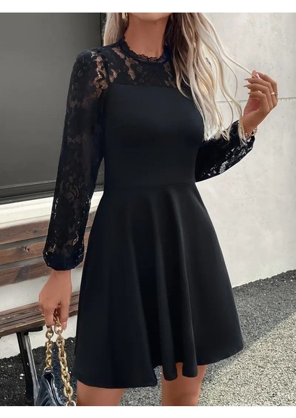 Kadın Uzun Kollu Dantelli Kloş Mini Ithal Krep Elbise fiyatları
