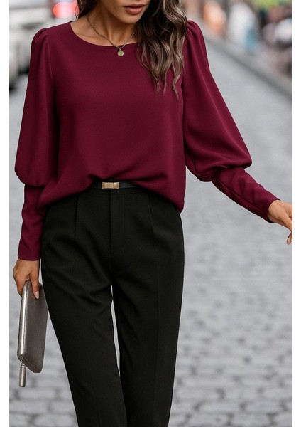 Kadın Uzun Kollu Yuvarlak Yakalı Düğmeli Ithal Krep Bluz modelleri
