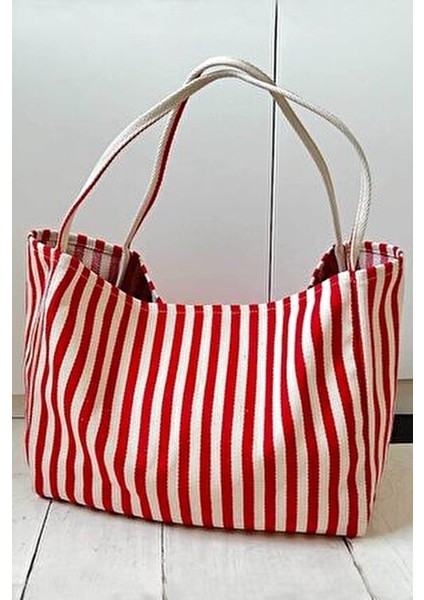 Kırmızı Çizgili Desen Dokuma Plaj Çantası fiyatları