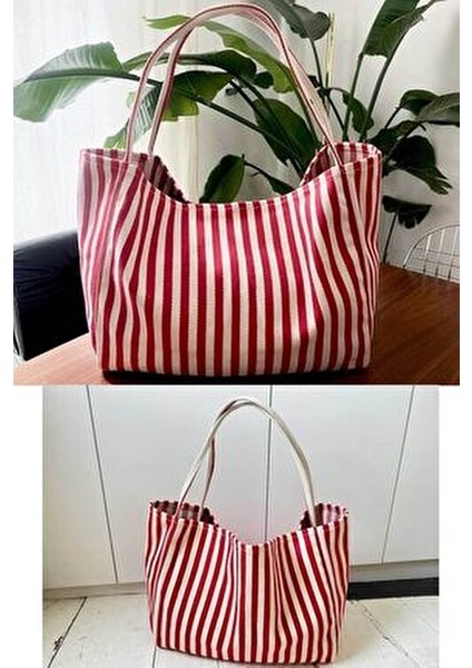 Kırmızı Çizgili Desen Dokuma Plaj Çantası modelleri