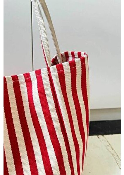 Kırmızı Çizgili Desen Dokuma Plaj Çantası fırsatları