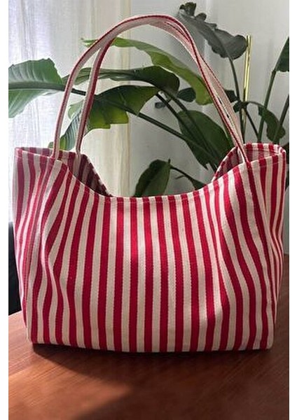Kırmızı Çizgili Desen Dokuma Plaj Çantası indirimleri