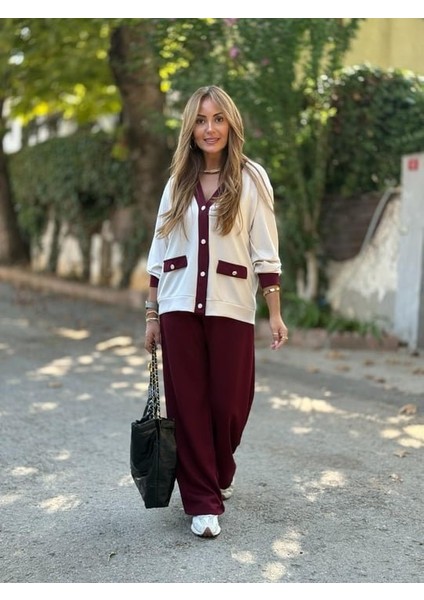 Kadın Uzun Kollu Ribanali Cep Detay Hırka ve Bol Paça Pantolon Ikili Takım