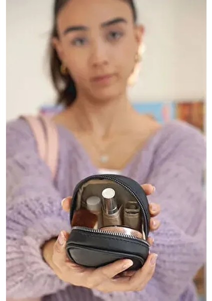 Siyah Mini Makyaj Çantası Suni Deri Organizer Kadınlar İçin Şık ve Pratik Kullanım