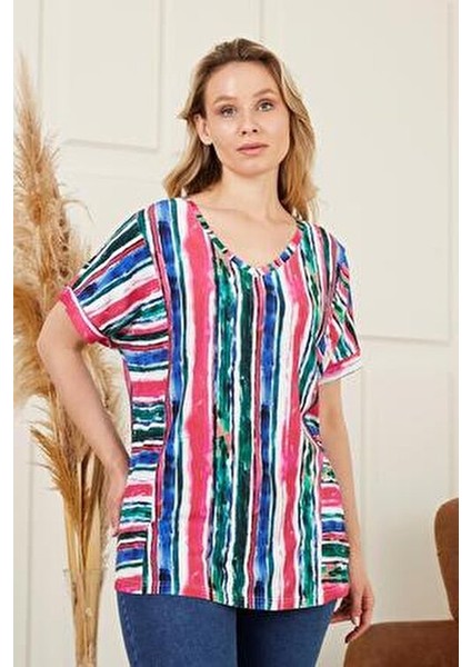 Çizgili Büyük Beden Fuşya Bluz
