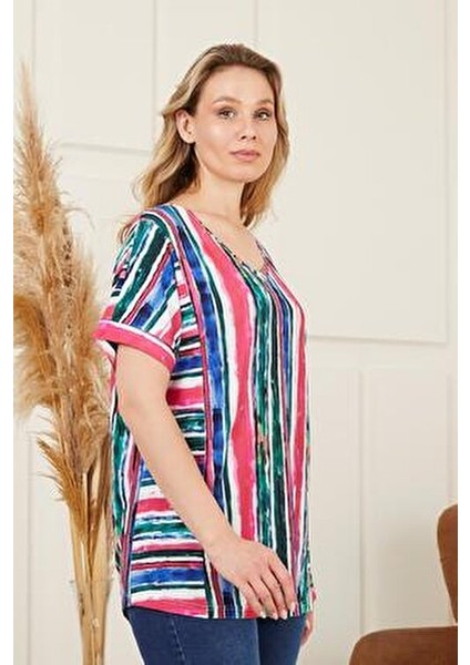 Çizgili Büyük Beden Fuşya Bluz fiyatları