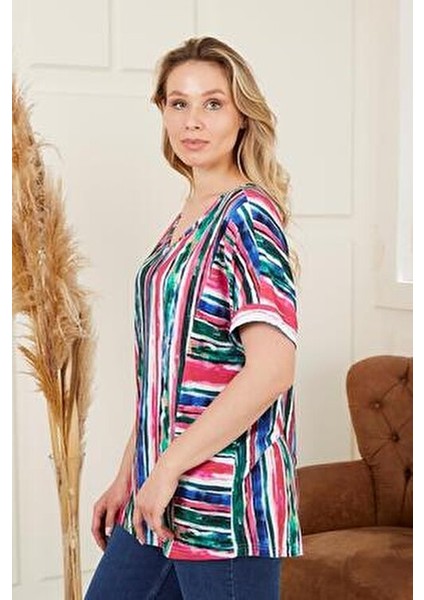Çizgili Büyük Beden Fuşya Bluz modelleri