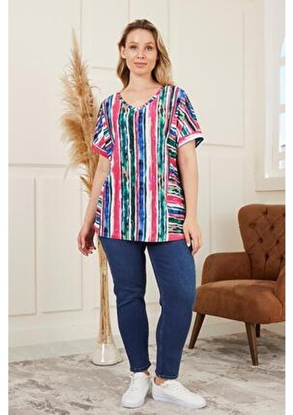 Çizgili Büyük Beden Fuşya Bluz indirimleri