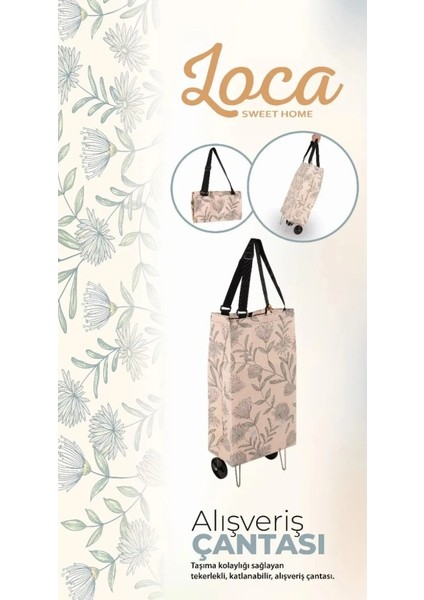 Tekerlekli Katlanabilir Alışveriş Çantası 20X54X35 cm Çiçek Desenli, Omuz Askılı, Pazar Arabası